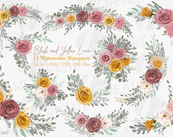Blush pink and yellow watercolor rose and flower bouquets clip art. Floral wedding Invitation, arrangement vector, PNG, jpg printable design