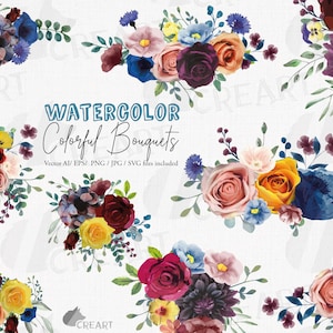 Clipart bohème de bouquet floral d'invitation de mariage et de douche. Modèle de conception d'invitation de fleurs aquarelles bordeaux, jaunes, blush, bleu marine.