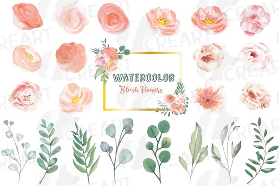 PNG psd jpg watercolor pink flowers and green branches decoration Blush floral wedding clip art svg blush and gold frame vector files