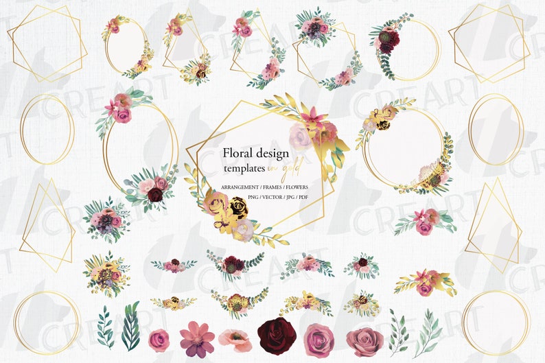 Blush Burgundy and Gold Floral Bouquets Bridal Templates - Etsy