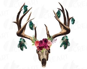 Watercolor Floral Deer Skull Clipart: Tribal Feathers (Digital Files)
