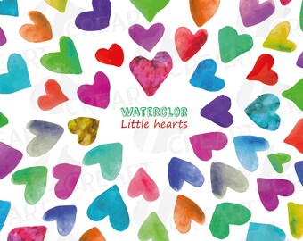 May include: A white background with a watercolor illustration of many colorful hearts. The text "WATERCOLOR Little hearts" is in the center of the image.