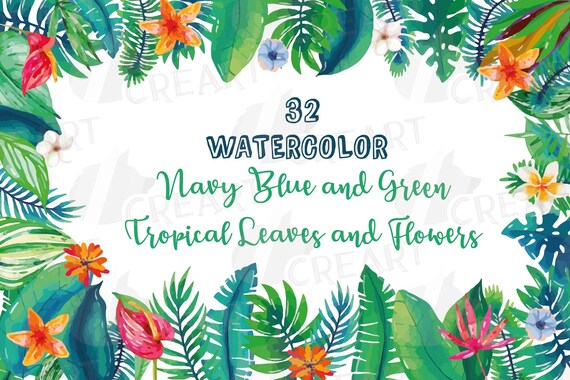 Exotic flowers in dark blue and green borders