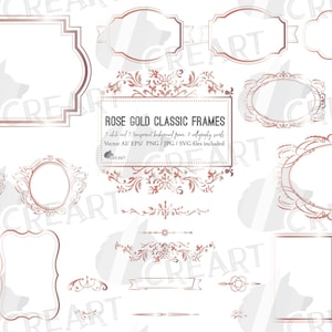 Rosegold klassische Rahmen, druckbare Rahmen und kalligrafische Wirbel als Clip Art. Druckbare Textverzierungselemente, digitale Stempelvorlagen.