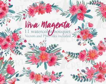 Viva magenta watercolor flower bouquets clipart. Floral graphic for card, invitation and home decor design, printable wedding floral element