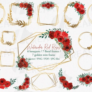 Modèles floraux de mariage rose rouge. Bouquets d'invitation de vraies roses rouges à l'aquarelle. Vecteur de cadres de mariage géométrique or floral Saint-Valentin, png.