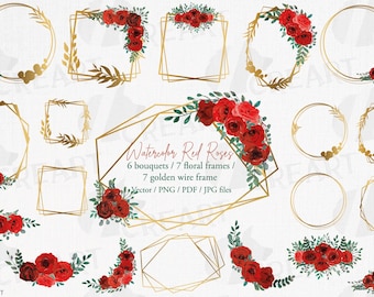 Red rose wedding floral templates. Watercolor true red rose invitation bouquets. Geometric gold floral Valentine wedding frames vector, png.