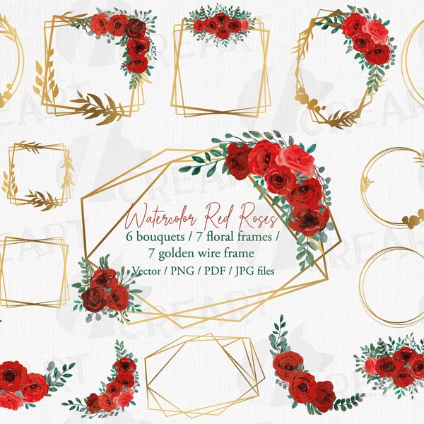 Red rose wedding floral templates. Watercolor true red rose invitation bouquets. Geometric gold floral Valentine wedding frames vector, png.