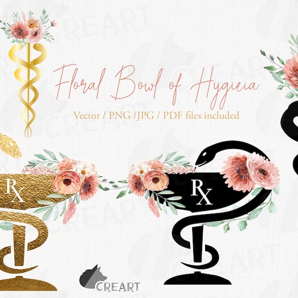 Floral Medical chalice snake with bowl of hygieia decor design. Golden medicine bowl and needle printable art. Med printable gift graphic.