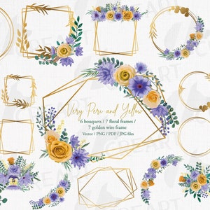 Watercolor Floral Bouquet Clipart: Golden Frames, Very Peri & Yellow (PNG, JPG, PDF)