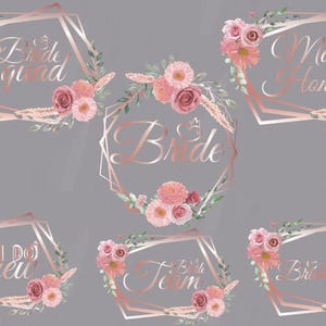 Blush floral Bride Squad, Bridesmaid, Maid of Honor, I do Crew rose gold frame. Bridal shower Hen Party clipart, Bachelorette Party graphic