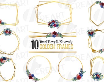 Watercolor elegant floral borders clip art. Elegant wedding navy blue and burgundy floral frames. flowers bridal decorations, png & vectors