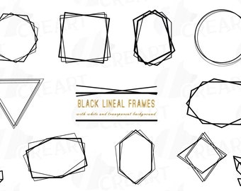 Elegant geometric black frames, lineal frames clip art, wedding invitation, polygonal frame, crystal frame, vector and png files included