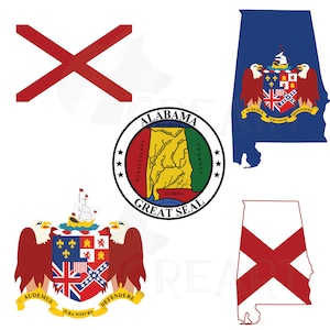 Collection de cartes, drapeaux et sceaux de l'État de l'Alabama. Fichiers AI, Eps, dxf, png et pdf inclus, téléchargement immédiat, fichier vectoriel, montage facile