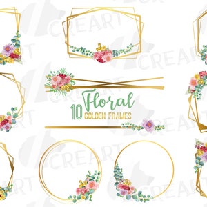 Puede incluir: Diez marcos florales dorados con flores y vegetación en acuarela. Los marcos son de varias formas, incluyendo círculos, cuadrados y hexágonos. El texto "Floral 10 Golden Frames" está en la parte superior de la imagen.