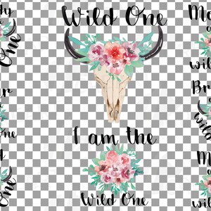 May include: A set of graphics with a skull, floral elements, and text. The text includes "Wild One," "Daddy of the Wild One," "Mommy of the Wild One," and other family-related phrases. The design has a watercolour style.