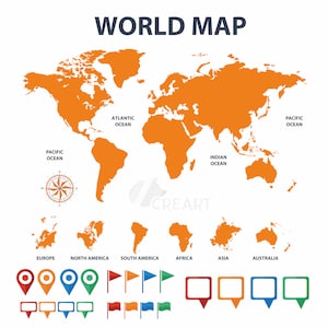 Travelers World Map mit Pins, Flaggen und Textbox Clip Art. Planung der druckbare Karte. Anstecknadel Weltkarte Pest. Weltkarte als png