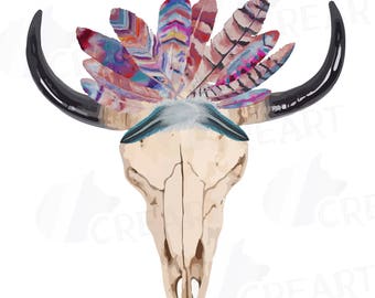 Watercolor Bull Skull Clipart: Tribal Feathers (Digital Download)
