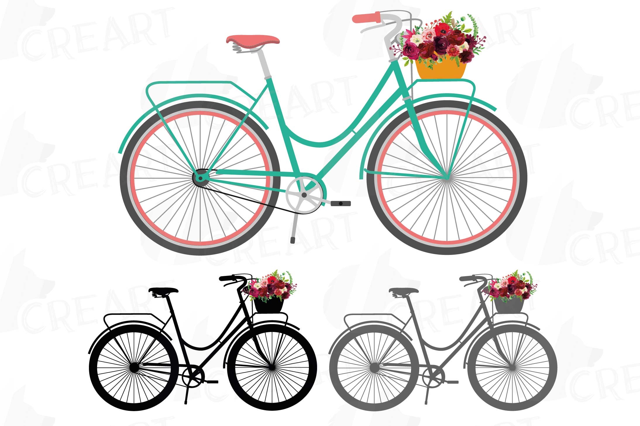 Floral bicycles clip art pack vintage floral bike. Boho | Etsy