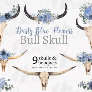 Caveira de touro tribal com flores azuis empoeiradas em aquarela e buquês - Design gráfico exclusivo de arte de parede estilo Boho Chic para decoração de casa.
