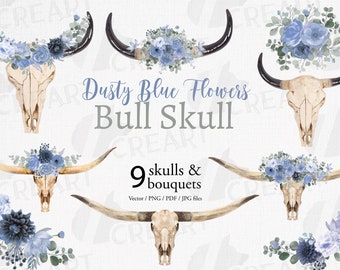 Dusty Blue Floral Bull Skull Clipart – Boho Home Decor (PNG, JPG, SVG)