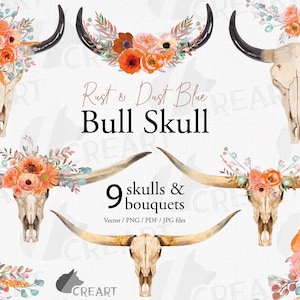 Wild summer orange floral bull skull design. Premade watercolor printable invitation design flower bouquets, long horn bull skull graphic.