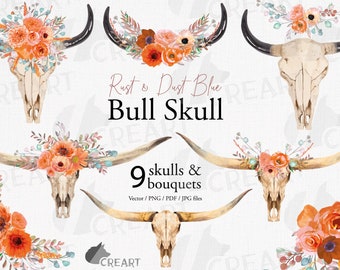 Wild summer orange floral bull skull design. Premade watercolor printable invitation design flower bouquets, long horn bull skull graphic.