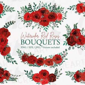 May include: Watercolor red rose bouquets with green leaves. PNG, EPS, and JPG files are included.