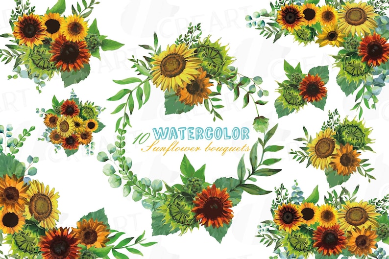 Download Sunflower bouquets watercolor clip art pack watercolor | Etsy