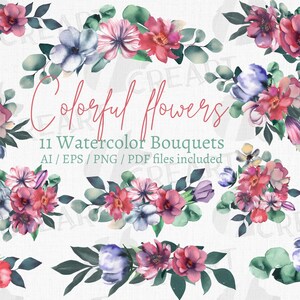 Aquarell Blumenstrauß Clipart: Hochzeit, Valentinstag (PNG, SVG, EPS)