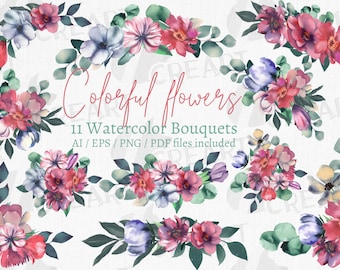 Watercolor Flower Bouquet Clipart: Wedding & Valentine Florals (PNG, SVG, EPS)