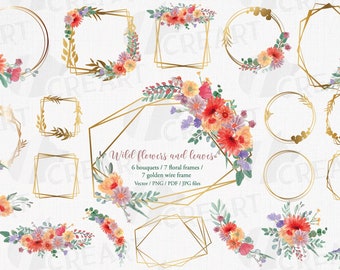 Watercolor Wildflower Clipart: Golden Frames, Floral Bouquets (PNG, JPG, PDF)