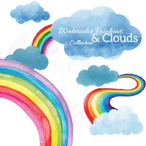 Paquete de imágenes prediseñadas de arcoíris y nubes de acuarela. Archivos EPS, PNG, jpg, SVG, Silhouette Studio, Vector Illustrator y Corel incluidos
