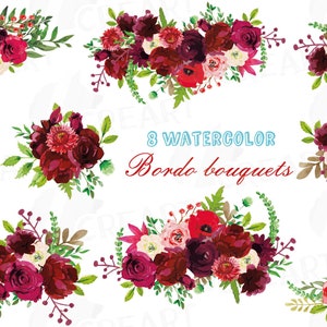 Clipart aquarelle rouge bordeaux bohème, bouquets de fleurs, fleurs bordo, fleurs bordeaux avec feuilles vertes, clipart mariage, png et images vectorielles