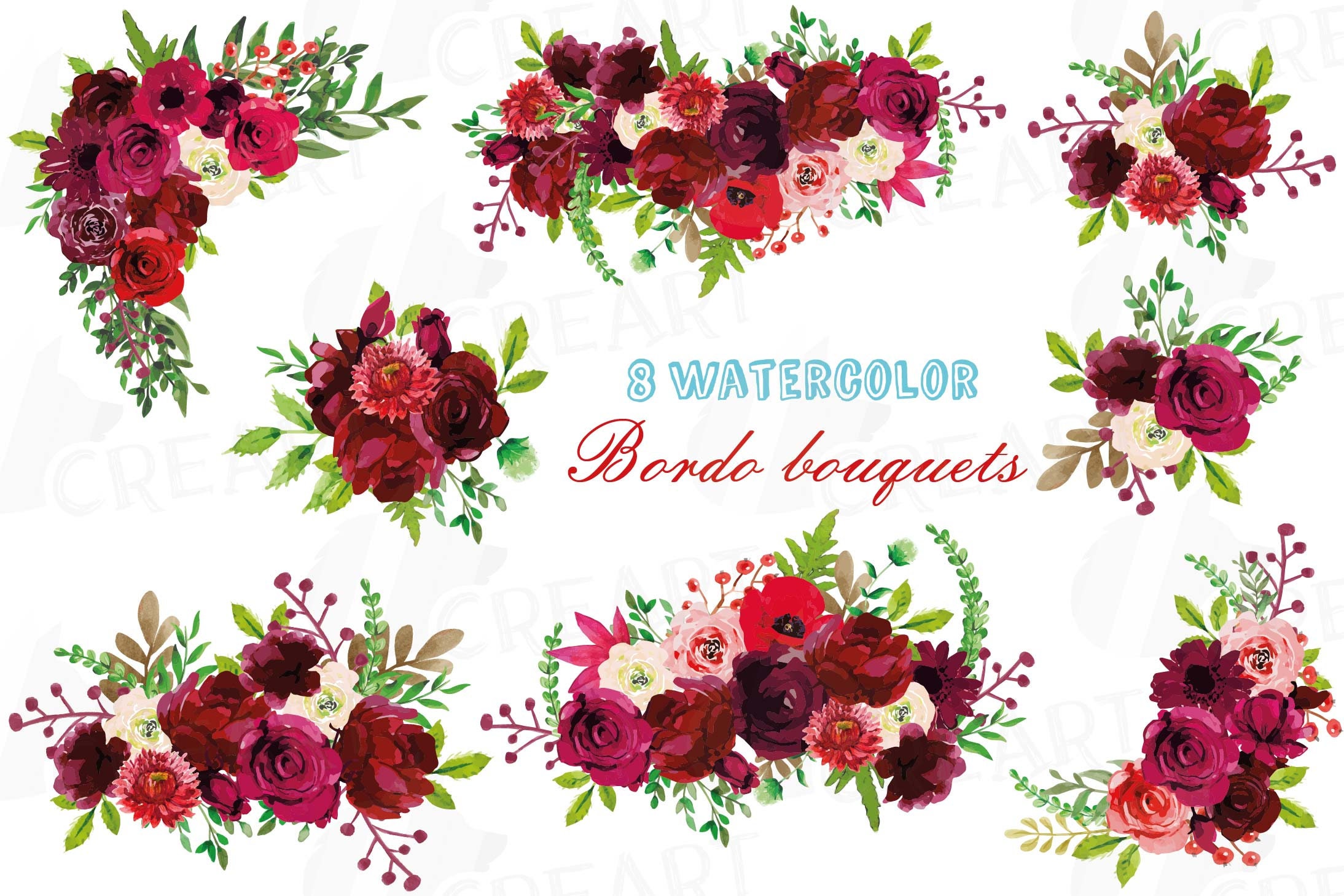Download Boho Burgundy Red Watercolor clip art floral bouquets ...