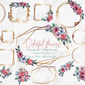 May include: A collection of watercolor floral bouquets and copper wire frames in various geometric shapes. The bouquets feature pink, purple, and blue flowers with green leaves. The text "Colorful flowers" is also present.