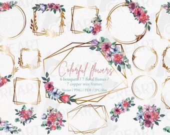 Watercolor Floral Bouquets: Copper Frames, Wedding Graphics (PNG, JPG, PDF)