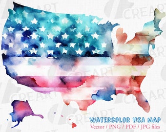 Watercolor USA Flag Map Clipart: Patriotic Printable (Digital Download)