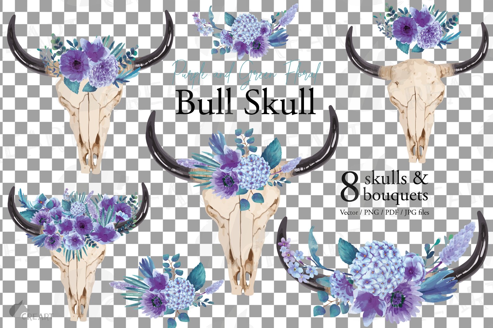 Lila und grüne Aquarell Floral Bull Skull Design Kollektion. | Etsy