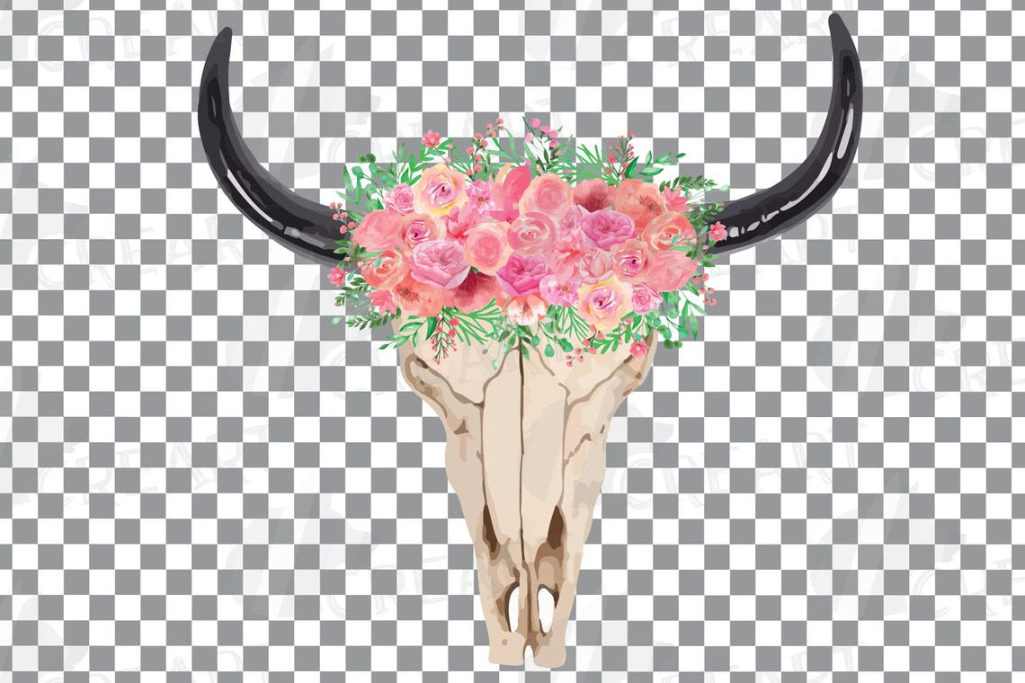 Watercolor Pink Floral Bull Skull Clipart Indian Tribal Bull - Etsy