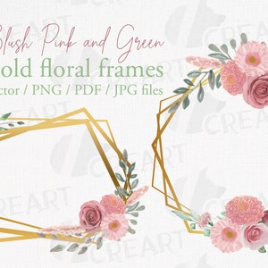 Bouquets de fleurs rose poudré avec une décoration en fil de fer doré. Shower nuptiale, enterrement de vie de jeune fille, EVJF, clipart graphique baby shower.