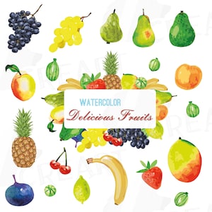 Pack de cliparts fruits délicieux aquarelle, clipart fruits aquarelles, poire, pêche, raisins banane Eps, png, jpg, svg, fichiers vectoriels inclus.