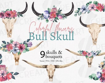 Watercolor Bull Skull & Floral Bouquets: Bohemian PNG Clipart (Digital Download)