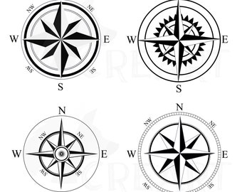 Compass rose Silhouette pack. Travellers adventure compass decoration element, printable digital sailing compass, Svg, vectors and png files