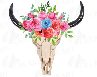 Floral Bull Skull Watercolor Clipart, Transparent PNG (Digital Download)