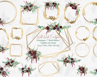 Può includere: Un set di 13 illustrazioni digitali con bouquet di fiori ad acquerello in bordeaux, bianco e rosa con verde e cornici geometriche dorate. Il testo "Wild West Eucalyptus" è scritto in un font dorato. Il testo "6 bouquets / 7 floral frames / 7 golden wire frame" è scritto in nero.