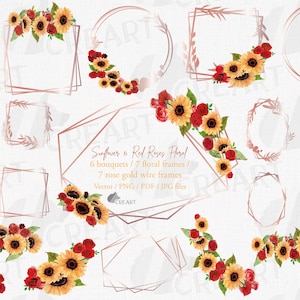 Modèles de mariée tournesols et roses rouges à l'aquarelle. Bouquets de faire-part de mariage prêts à l'emploi. Cadres floraux géométriques en or rose et clipart de bouquets.