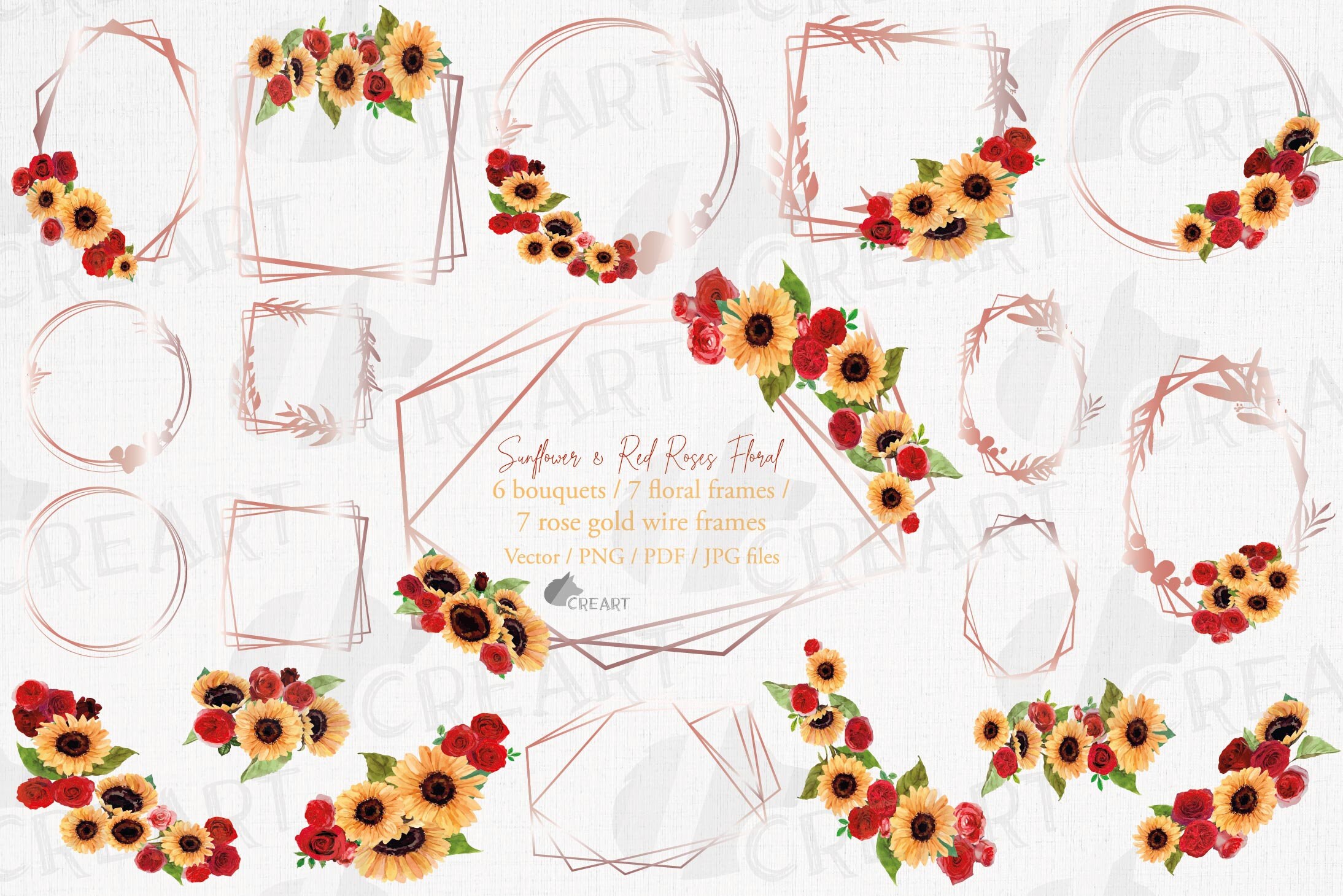 Watercolor sunflowers and red roses bridal templates ...