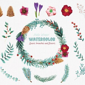 Winter flowers and leafs clip art pack, watercolor floral elements, winter branches, winter wreath decor. Eps, png, jpg, svg, vector files