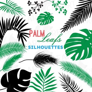 Puede incluir: Un conjunto de siluetas de hojas de palmera negras y verdes. Las hojas son de varias formas y tamaños, y algunas tienen una textura más detallada que otras. El texto "PALM Leafs SILHOUETTES" está escrito en letras rojas y blancas.